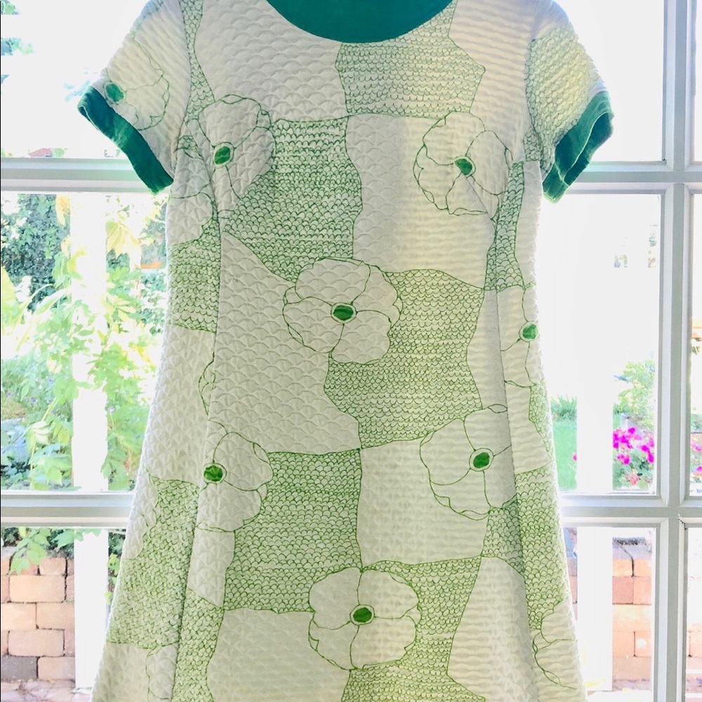 Vintage 60s green Marimekko style A-line cotton quilted mini mod dress Small